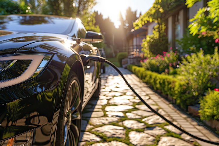 An electric car plugged in and charging in a home in Naperville